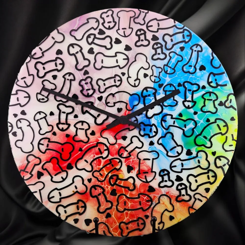 Handpainted Vinyl Record Wall Clock – 12″ –Penis Design handmade fluid art by Fuzzy Trio Design in Phoenix, AZ