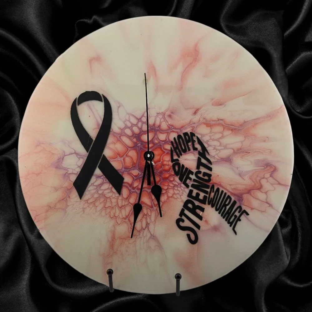 Handpainted Vinyl Record Wall Clock – 12″ – Resilient Heart handmade fluid art by Fuzzy Trio Design in Phoenix, AZ