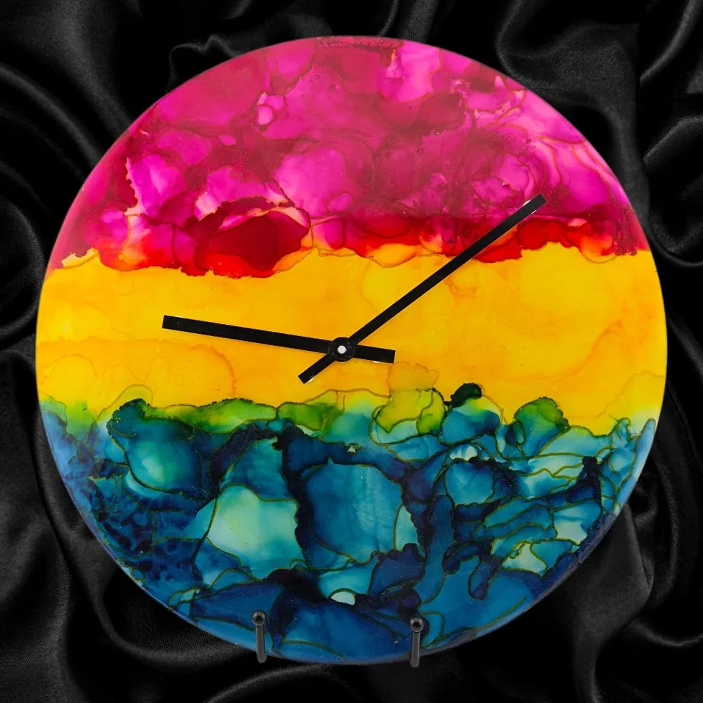 Handpainted Vinyl Record Wall Clock – 12″ – Spectrum Divide handmade fluid art by Fuzzy Trio Design in Phoenix, AZ