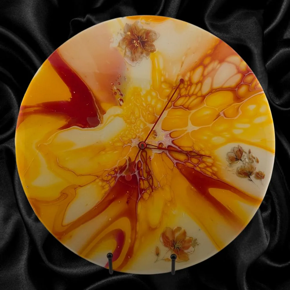 Handpainted Vinyl Record Wall Clock – 12″ – Sunlit Garden handmade fluid art by Fuzzy Trio Design in Phoenix, AZ