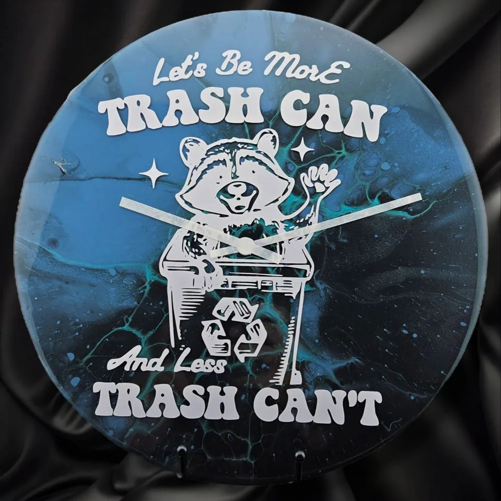 Handpainted Vinyl Record Wall Clock – 12″ – Trash Panda handmade fluid art by Fuzzy Trio Design in Phoenix, AZ