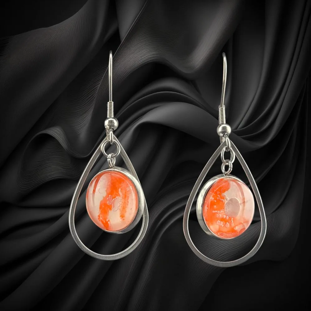 Hanging Earrings – Coral Teardrop Frame (12mm) handmade fluid art by Fuzzy Trio Design in Phoenix, AZ