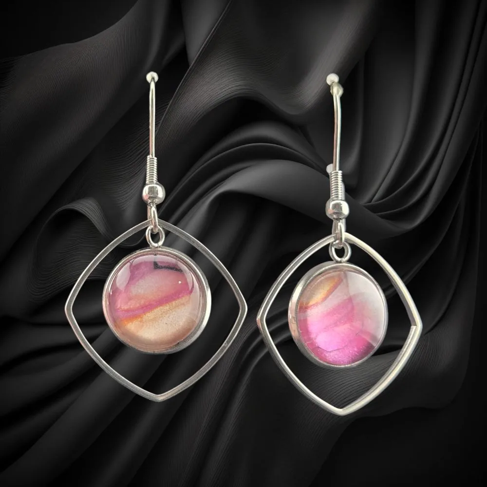 Hanging Earrings – Rosé Diamond Frame (12mm) handmade fluid art by Fuzzy Trio Design in Phoenix, AZ