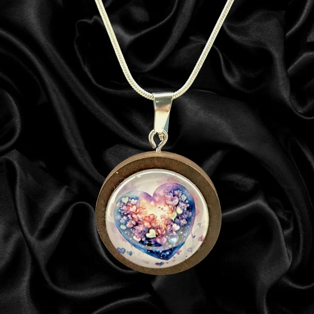 Heartburst Wood Necklace – Silver Toned handmade fluid art by Fuzzy Trio Design in Phoenix, AZ