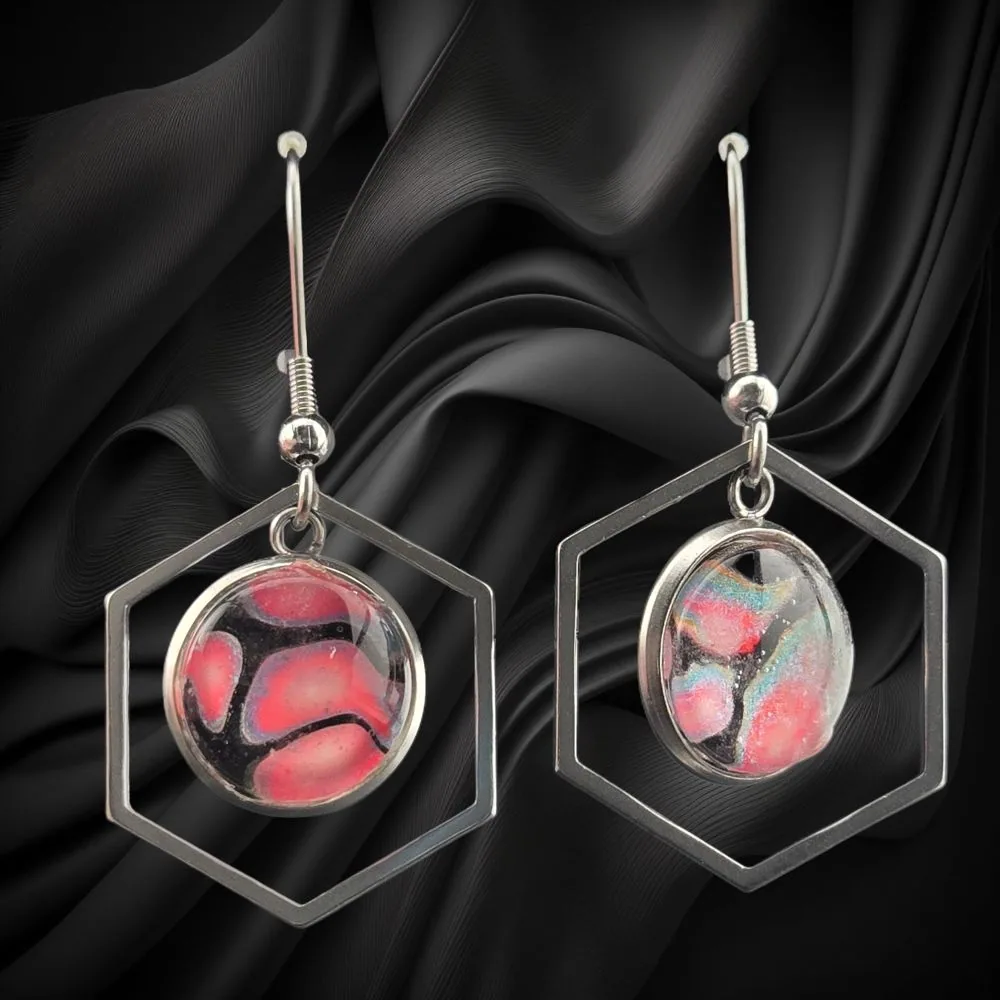 Hex Frame Red & Black Fluid Art Earrings – 12mm handmade fluid art by Fuzzy Trio Design in Phoenix, AZ
