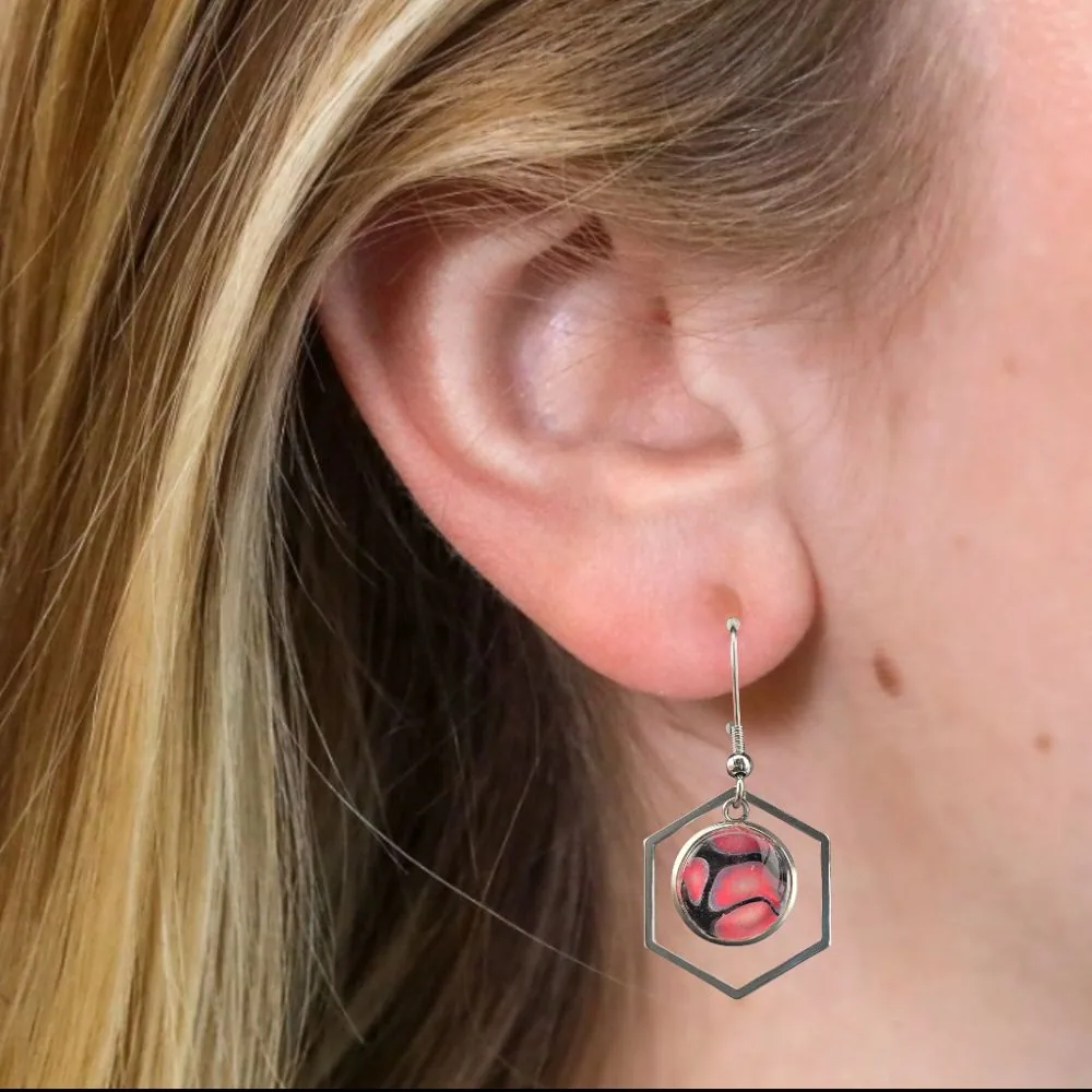 Hex Frame Red & Black Fluid Art Earrings – 12mm detail view 1 by Fuzzy Trio Design in Phoenix, AZ