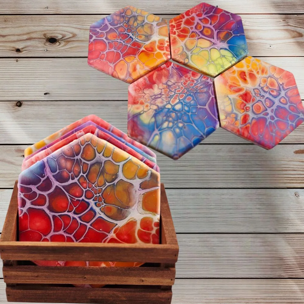 Hexagonal Rainbow Coasters w/Wooden Caddy – Set of 4 – Handmade handmade fluid art by Fuzzy Trio Design in Phoenix, AZ