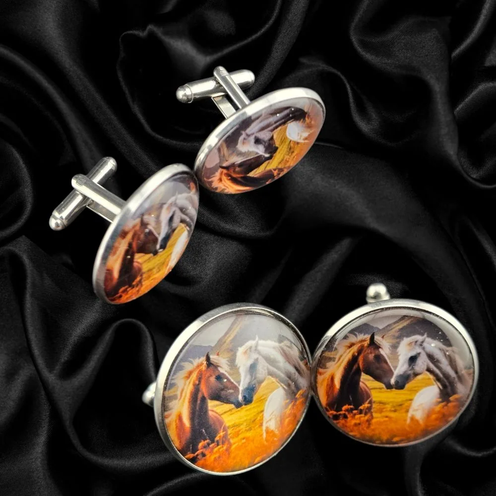 Horse Portrait Cuff Links – Warm Tones handmade fluid art by Fuzzy Trio Design in Phoenix, AZ
