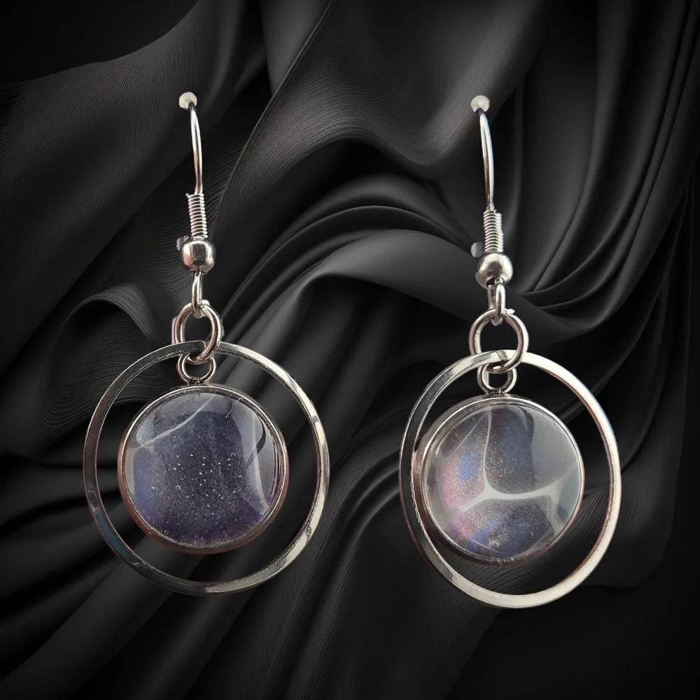 Indigo Flow Circle Drop Earrings handmade fluid art by Fuzzy Trio Design in Phoenix, AZ