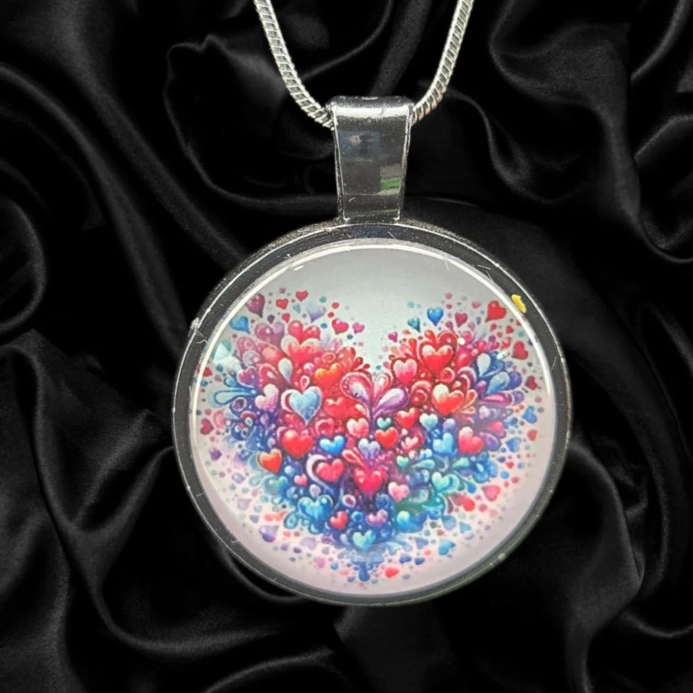 Joyful Heartburst Necklace handmade fluid art by Fuzzy Trio Design in Phoenix, AZ