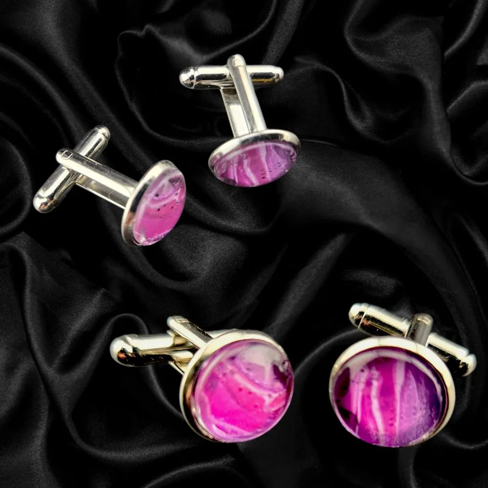 Magenta Veined Abstract Cuff Links handmade fluid art by Fuzzy Trio Design in Phoenix, AZ