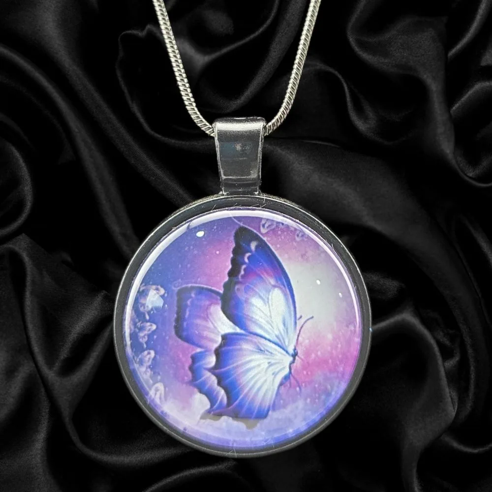 Midnight Butterfly Necklace handmade fluid art by Fuzzy Trio Design in Phoenix, AZ