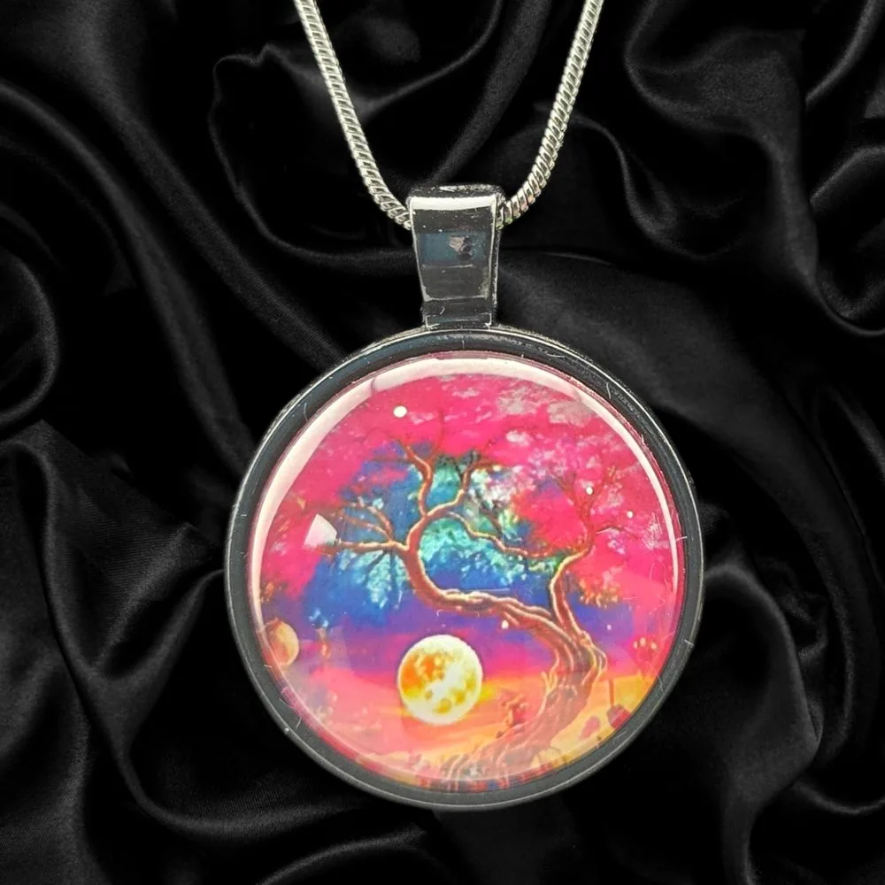 Midnight Moon Grove Necklace handmade fluid art by Fuzzy Trio Design in Phoenix, AZ