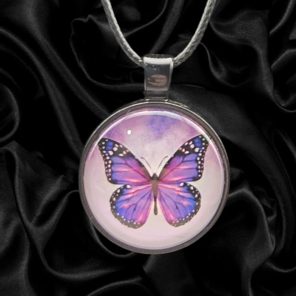Monarch Glow Butterfly Necklace handmade fluid art by Fuzzy Trio Design in Phoenix, AZ