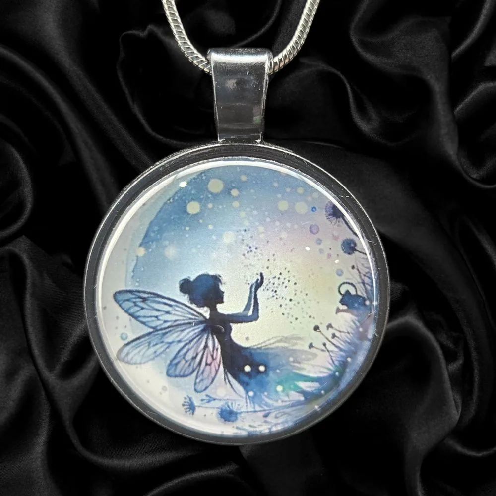 Moonlit Fairy Garden Necklace handmade fluid art by Fuzzy Trio Design in Phoenix, AZ