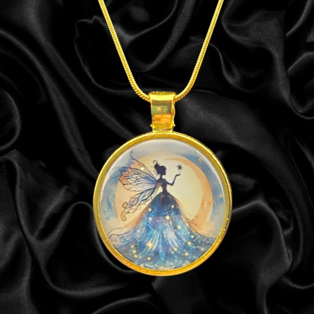 Moonlit Fairy Silhouette Necklace – Gold Round Pendant handmade fluid art by Fuzzy Trio Design in Phoenix, AZ