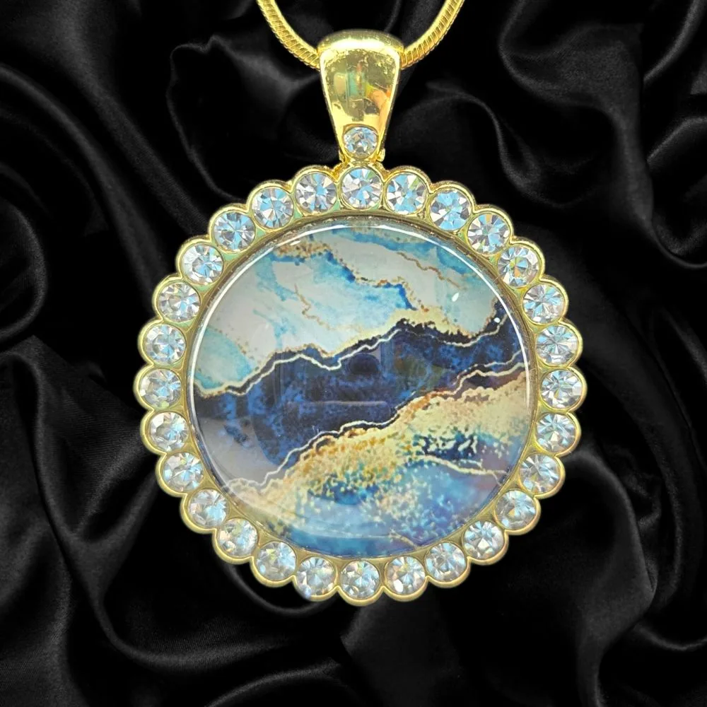 Ocean Ridge Rhinestone Necklace – Gold Toned handmade fluid art by Fuzzy Trio Design in Phoenix, AZ