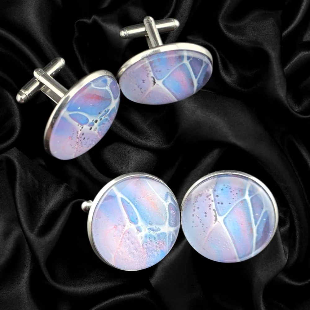 Pastel Blue & Pink Cell Pattern Cufflinks handmade fluid art by Fuzzy Trio Design in Phoenix, AZ