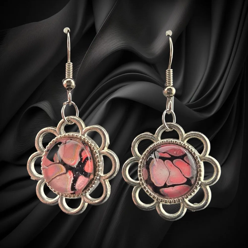Pink Abstract Flower Dangle Earrings handmade fluid art by Fuzzy Trio Design in Phoenix, AZ