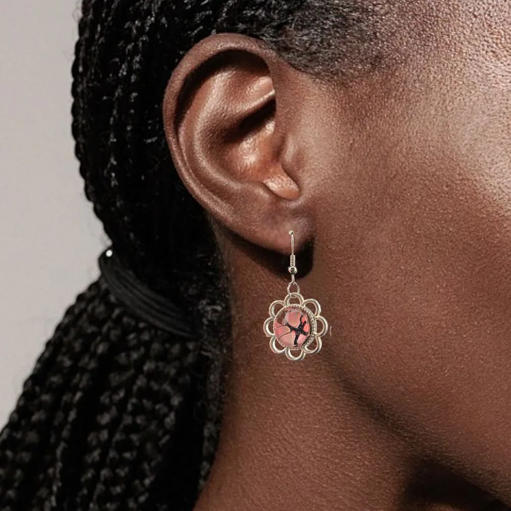 Pink Abstract Flower Dangle Earrings detail view 1 by Fuzzy Trio Design in Phoenix, AZ