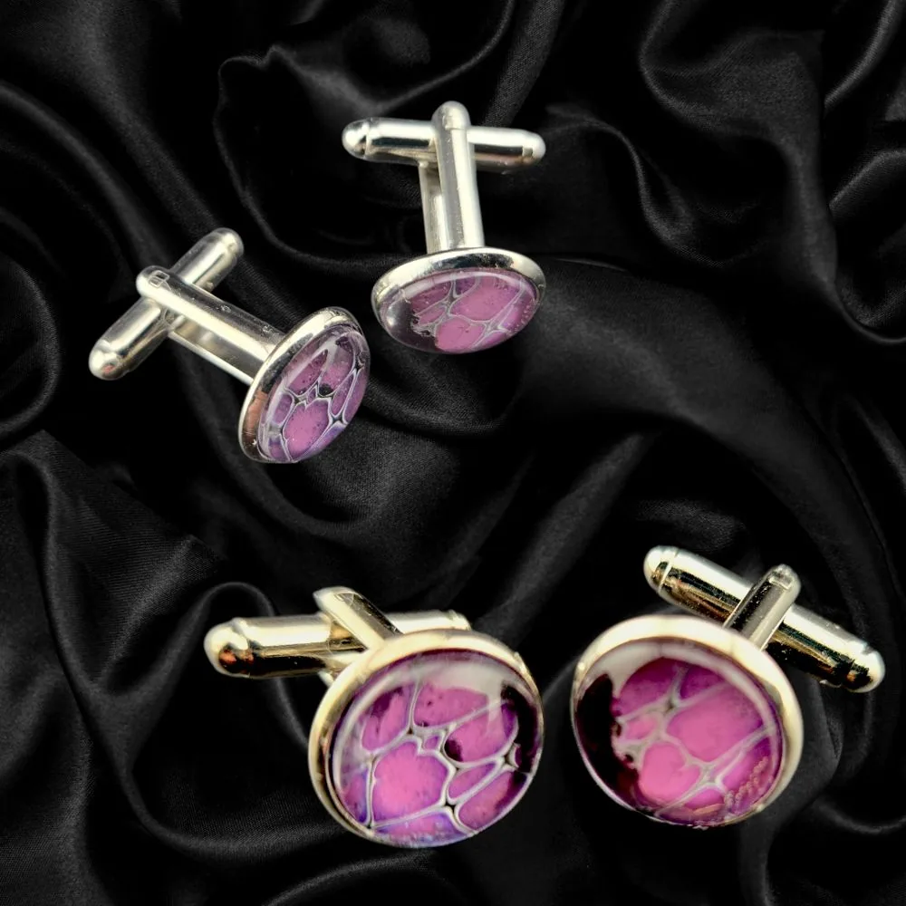 Pink Cellular Abstract Cuff Links handmade fluid art by Fuzzy Trio Design in Phoenix, AZ