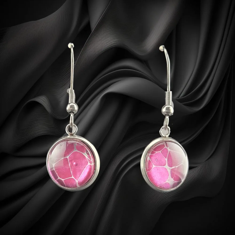 Pink Crackle Glass Hanging Earrings – 12mm handmade fluid art by Fuzzy Trio Design in Phoenix, AZ