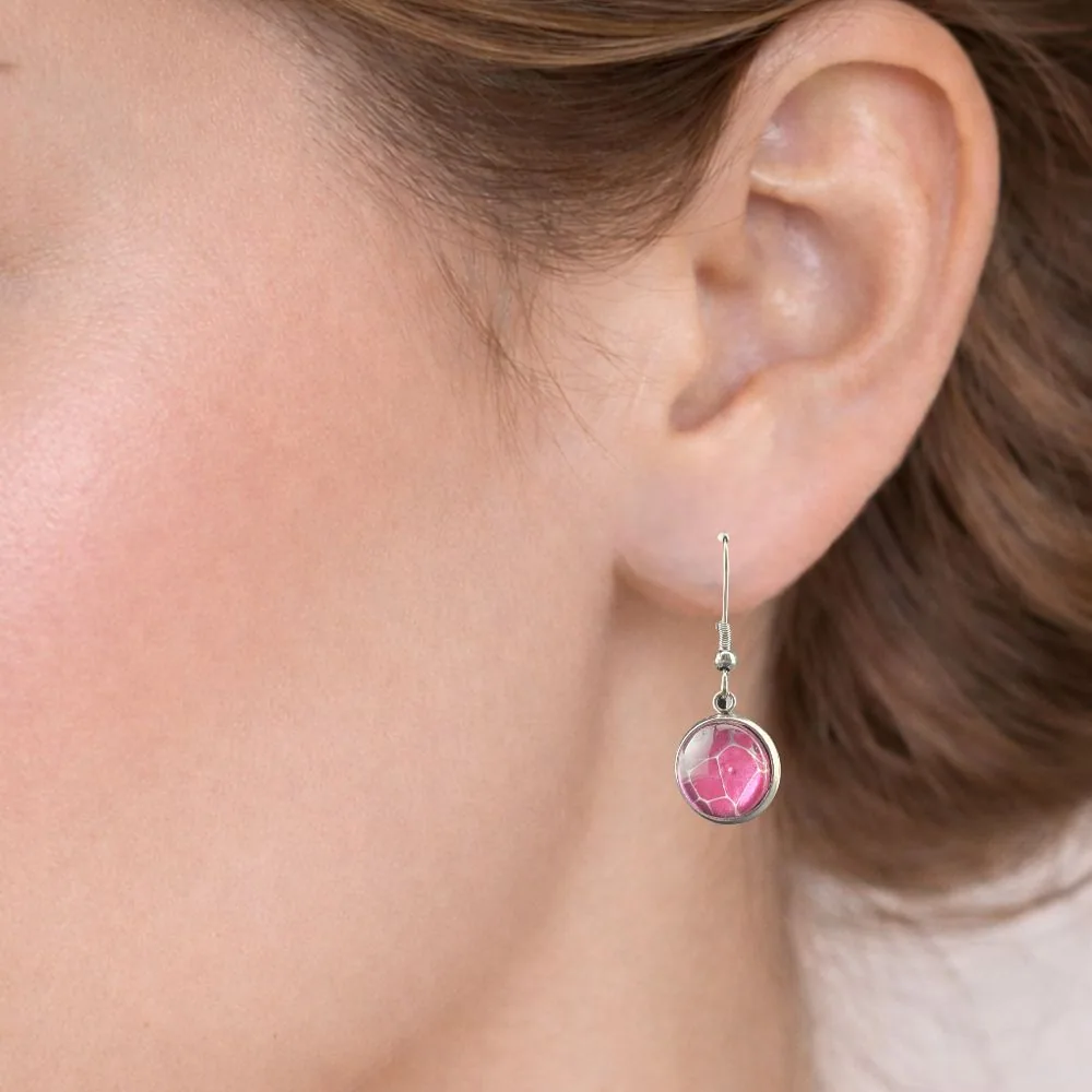 Pink Crackle Glass Hanging Earrings – 12mm detail view 1 by Fuzzy Trio Design in Phoenix, AZ