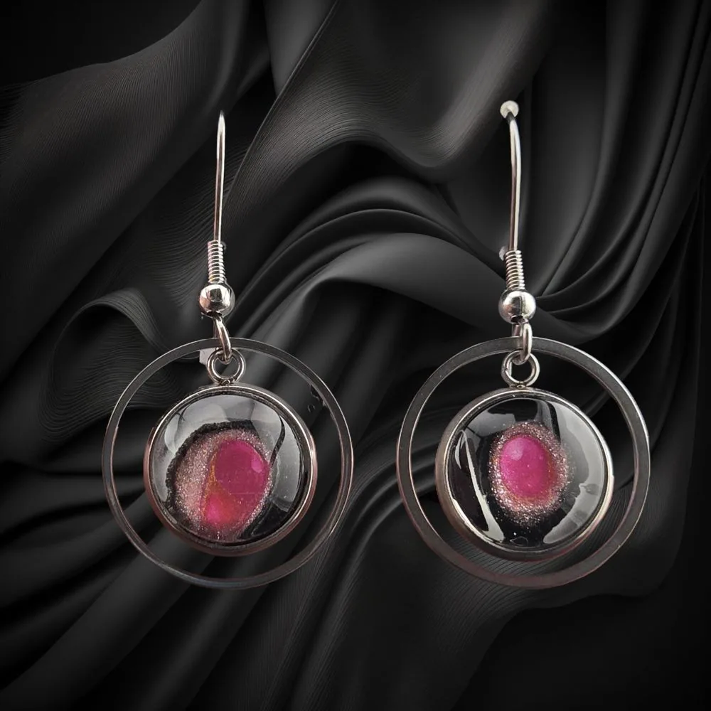 Pink Glow Circle Drop Earrings handmade fluid art by Fuzzy Trio Design in Phoenix, AZ