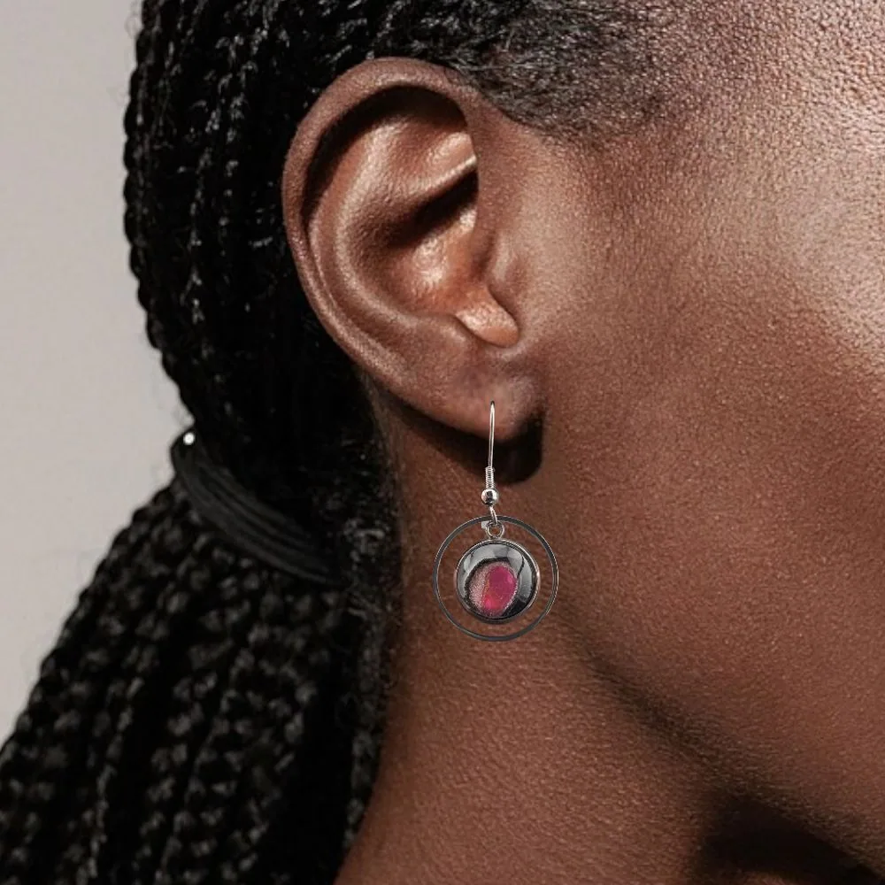 Pink Glow Circle Drop Earrings detail view 1 by Fuzzy Trio Design in Phoenix, AZ