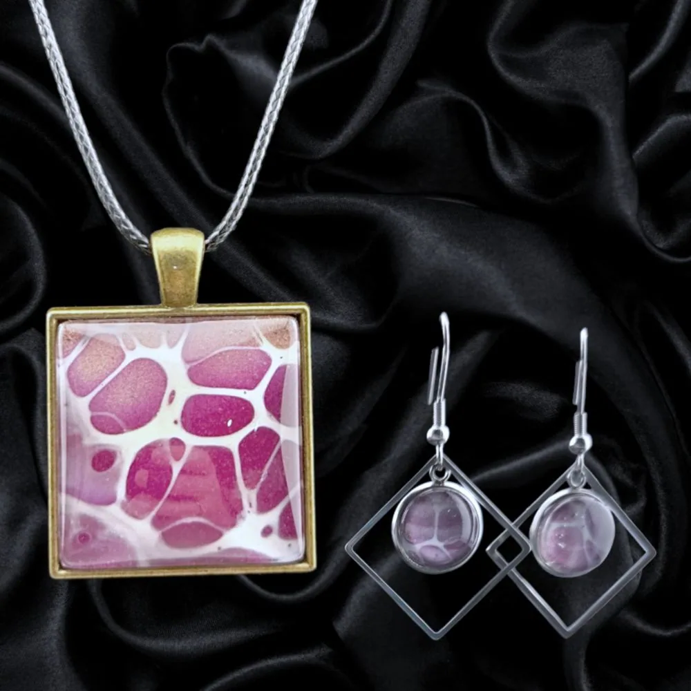 Pink Square Necklace & Earring Set handmade fluid art by Fuzzy Trio Design in Phoenix, AZ