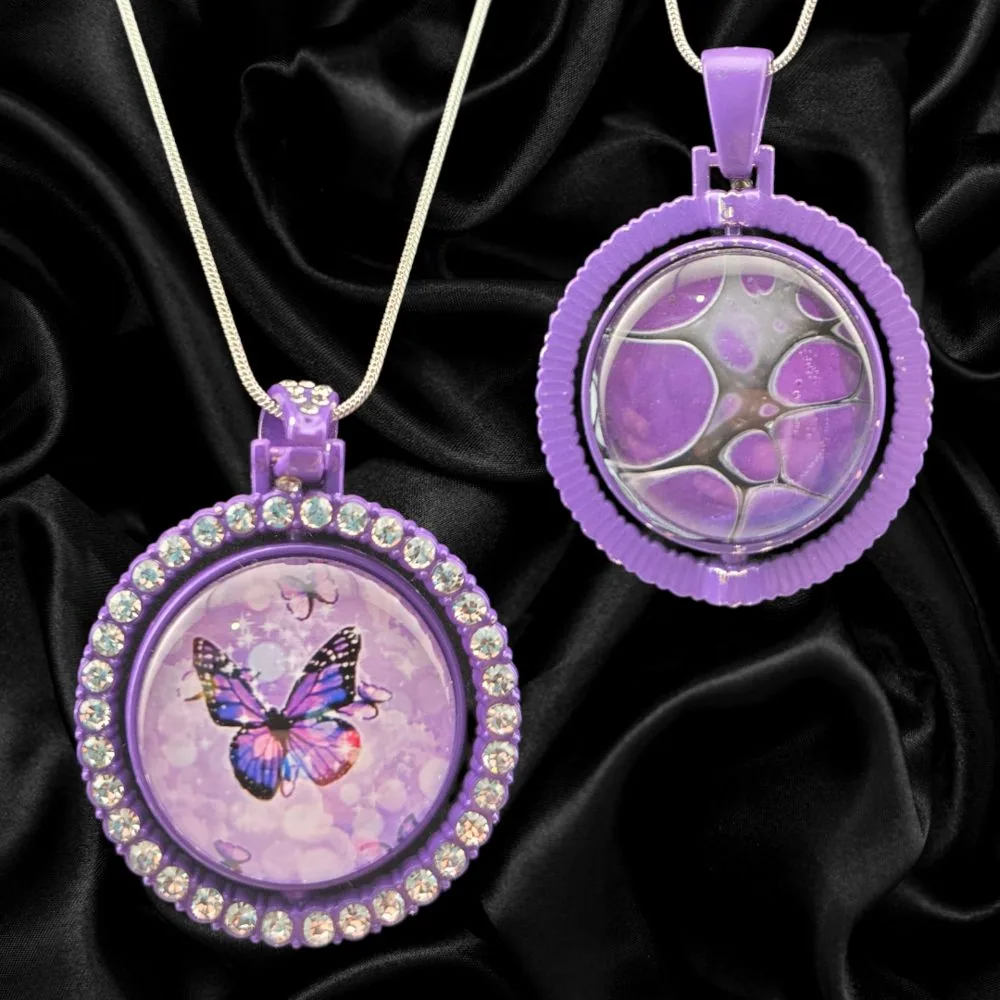 Purple Butterfly Dream Double-Sided Rhinestone Necklace handmade fluid art by Fuzzy Trio Design in Phoenix, AZ