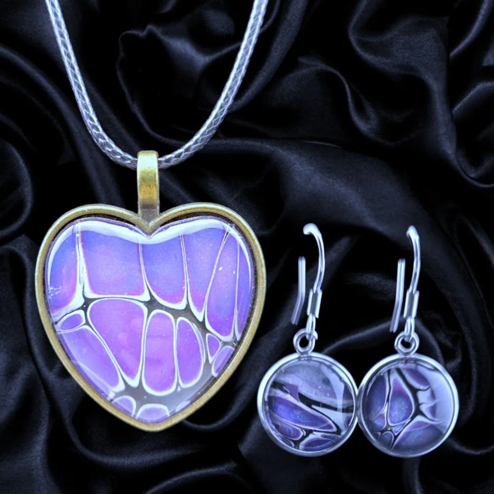 Purple Heart Necklace & Earring Set handmade fluid art by Fuzzy Trio Design in Phoenix, AZ