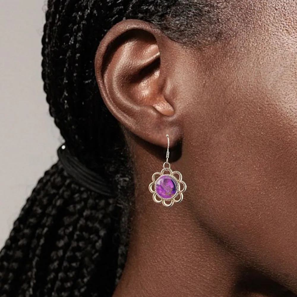 Purple Shimmer Flower Dangle Earrings detail view 1 by Fuzzy Trio Design in Phoenix, AZ