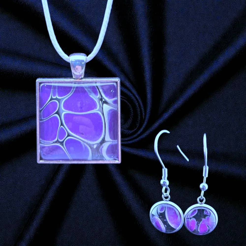 Purple Square Necklace & Earring Set handmade fluid art by Fuzzy Trio Design in Phoenix, AZ