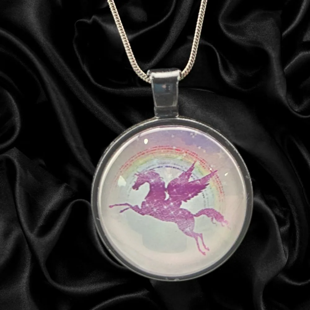 Rainbow Pegasus Necklace handmade fluid art by Fuzzy Trio Design in Phoenix, AZ