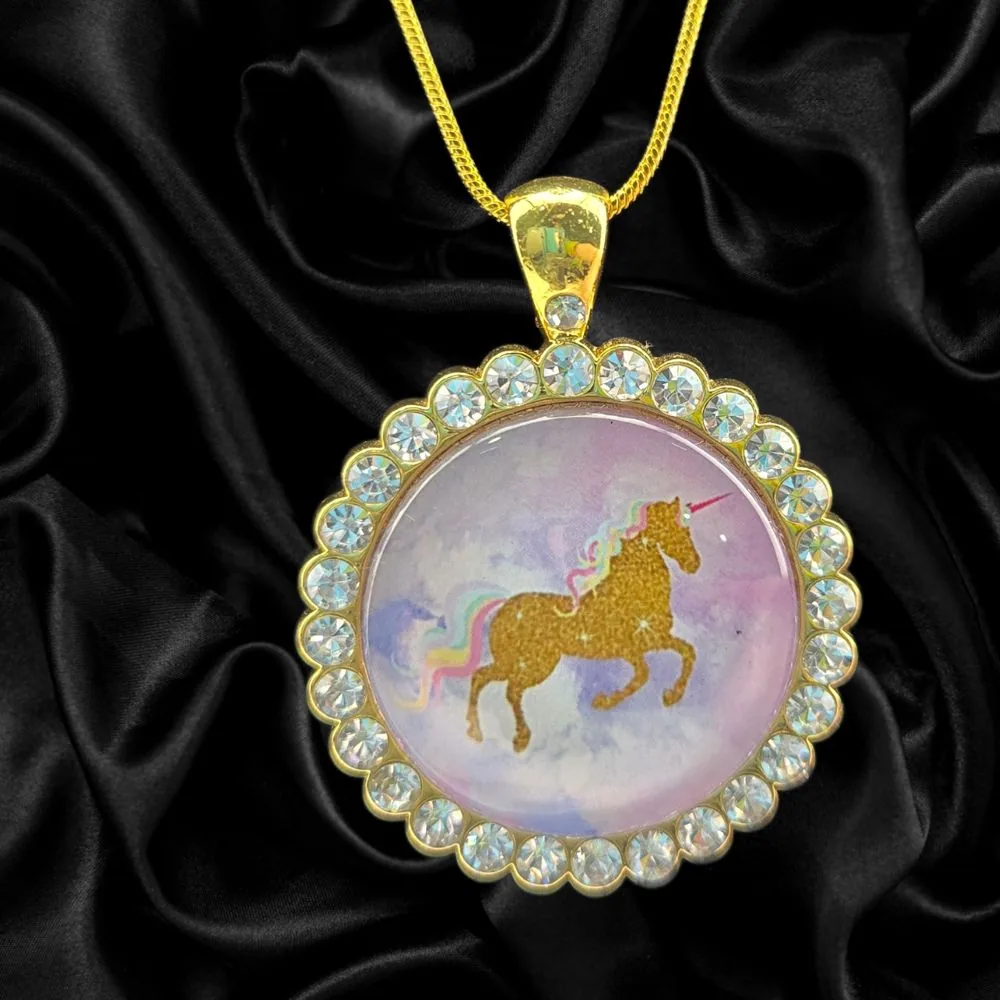 Rainbow Unicorn Rhinestone Necklace – Gold Toned handmade fluid art by Fuzzy Trio Design in Phoenix, AZ