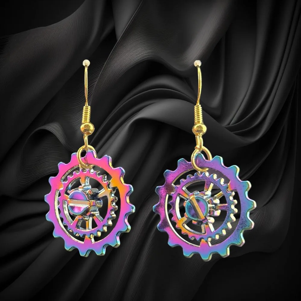 Rainbow Wagon Wheel Hanging Earrings (20mm) handmade fluid art by Fuzzy Trio Design in Phoenix, AZ