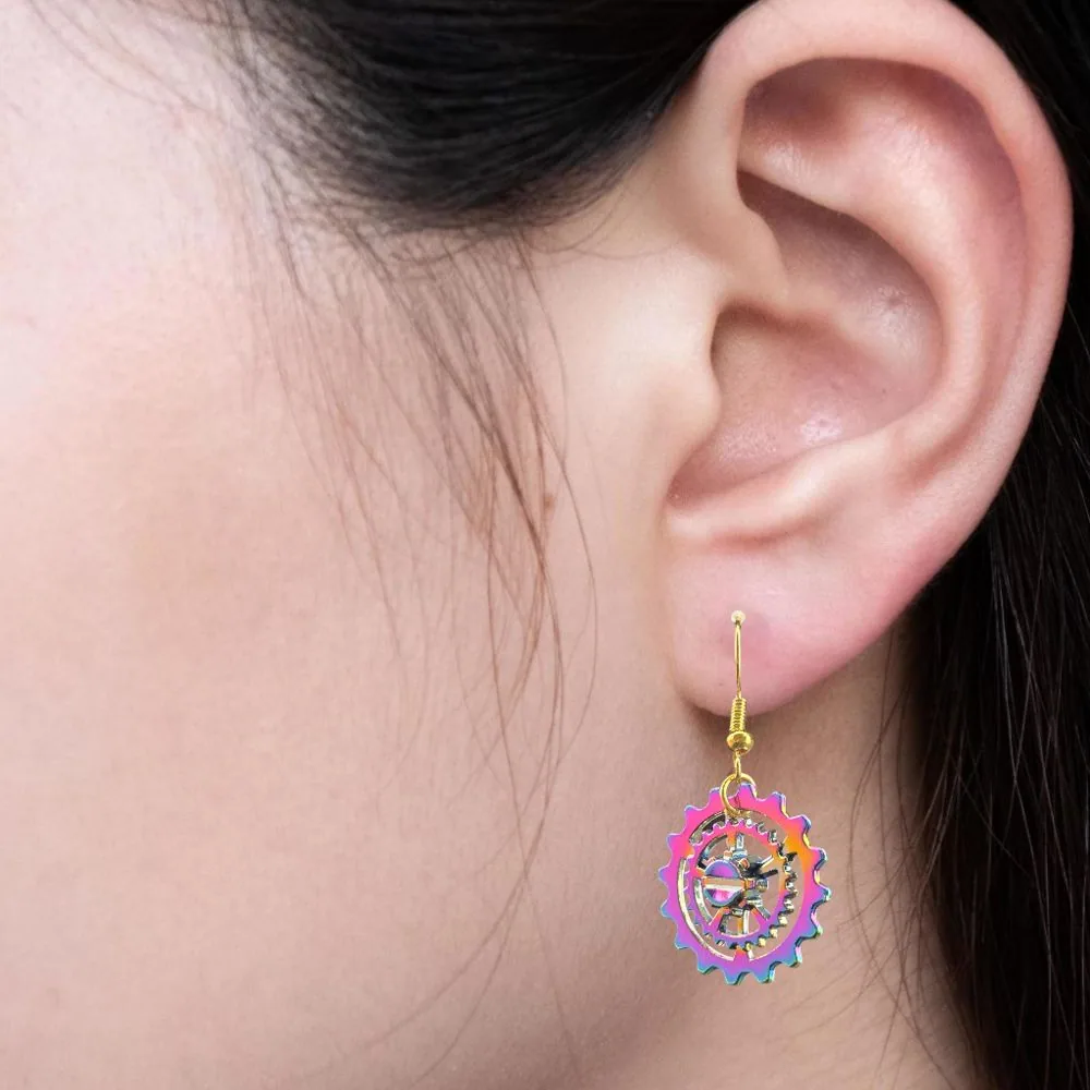 Rainbow Wagon Wheel Hanging Earrings (20mm) detail view 1 by Fuzzy Trio Design in Phoenix, AZ