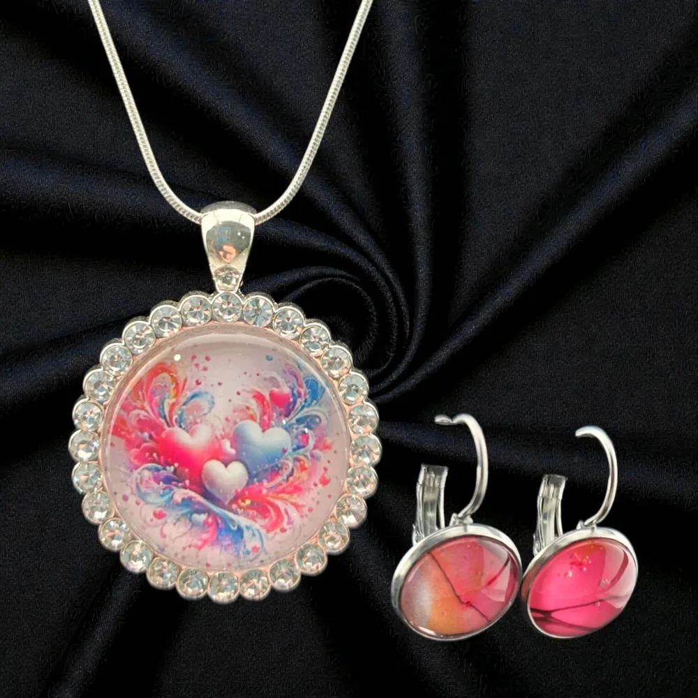 Rhinestone Silver Necklace & Earring Set handmade fluid art by Fuzzy Trio Design in Phoenix, AZ