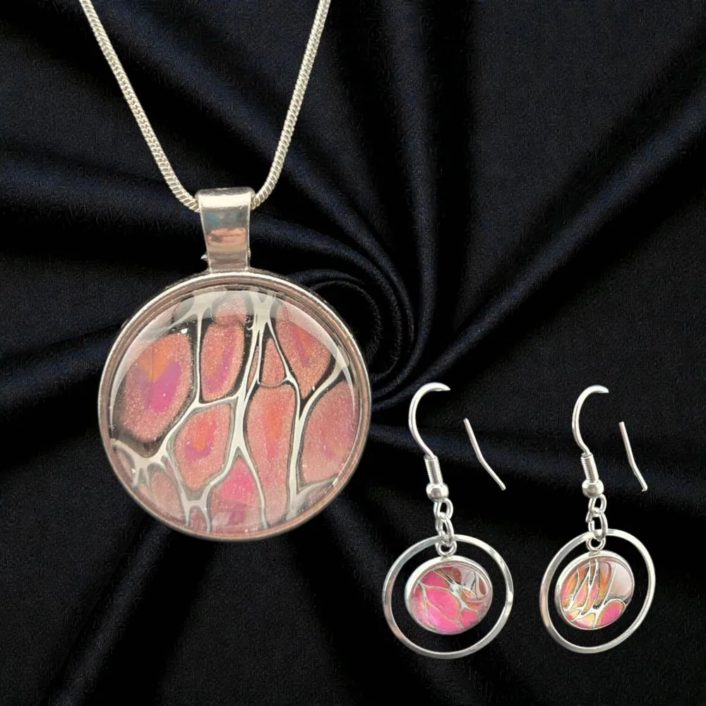 Round Silver Necklace & Earring Set handmade fluid art by Fuzzy Trio Design in Phoenix, AZ