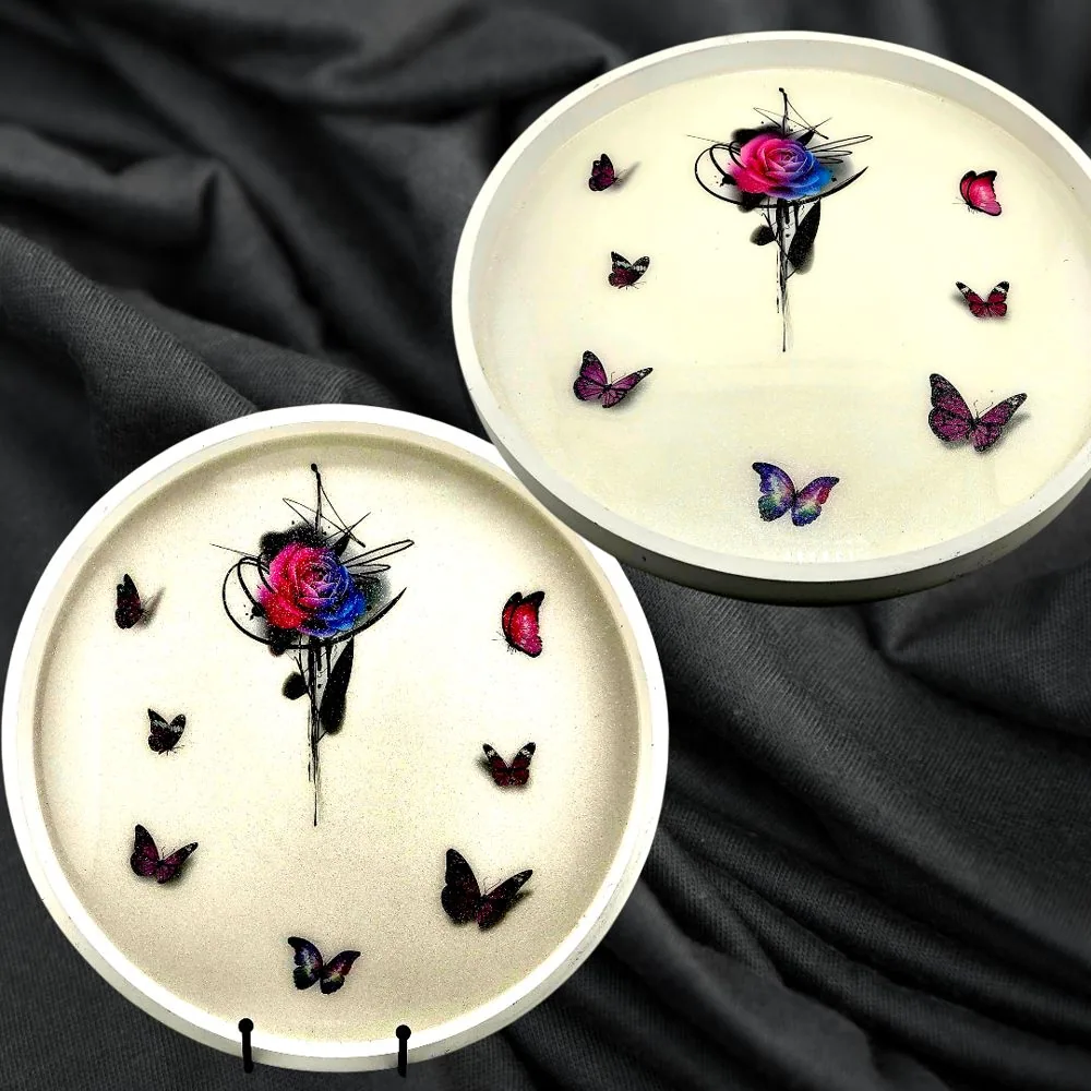 Round Tray with a Glitter White background and a Rose and Butterfly Design – Handmade handmade fluid art by Fuzzy Trio Design in Phoenix, AZ