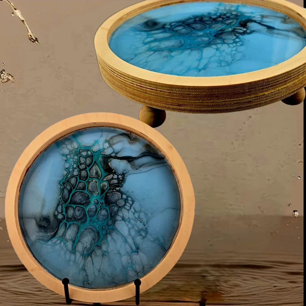 Round Tray with a Light Blue and Teal Blue Cell Design – Handmade handmade fluid art by Fuzzy Trio Design in Phoenix, AZ