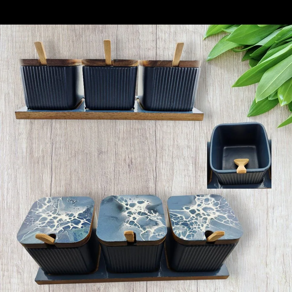 Set of 3 ceramic jars with wooden spoons and tray in a dusty blue and white palette – Handmade handmade fluid art by Fuzzy Trio Design in Phoenix, AZ