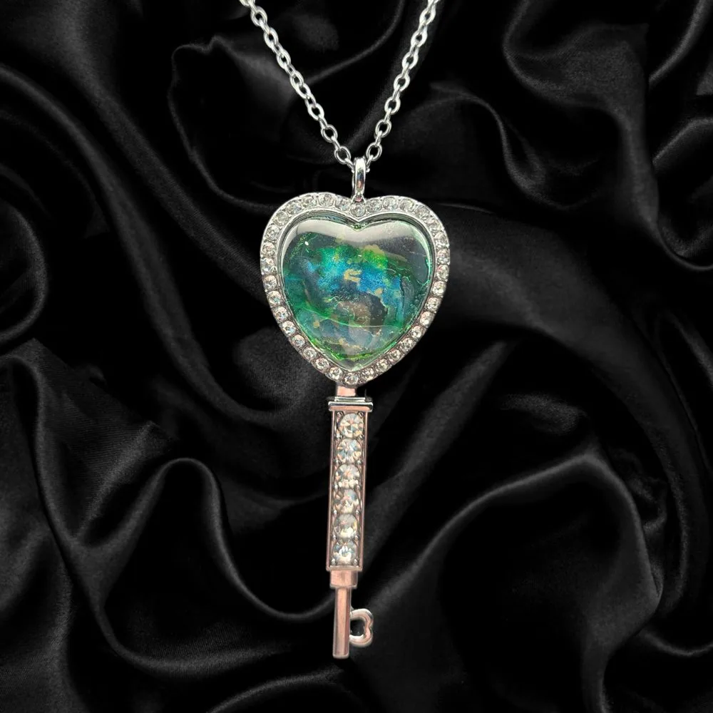 Silver Heart Key Necklace – Green Teal Abstract handmade fluid art by Fuzzy Trio Design in Phoenix, AZ