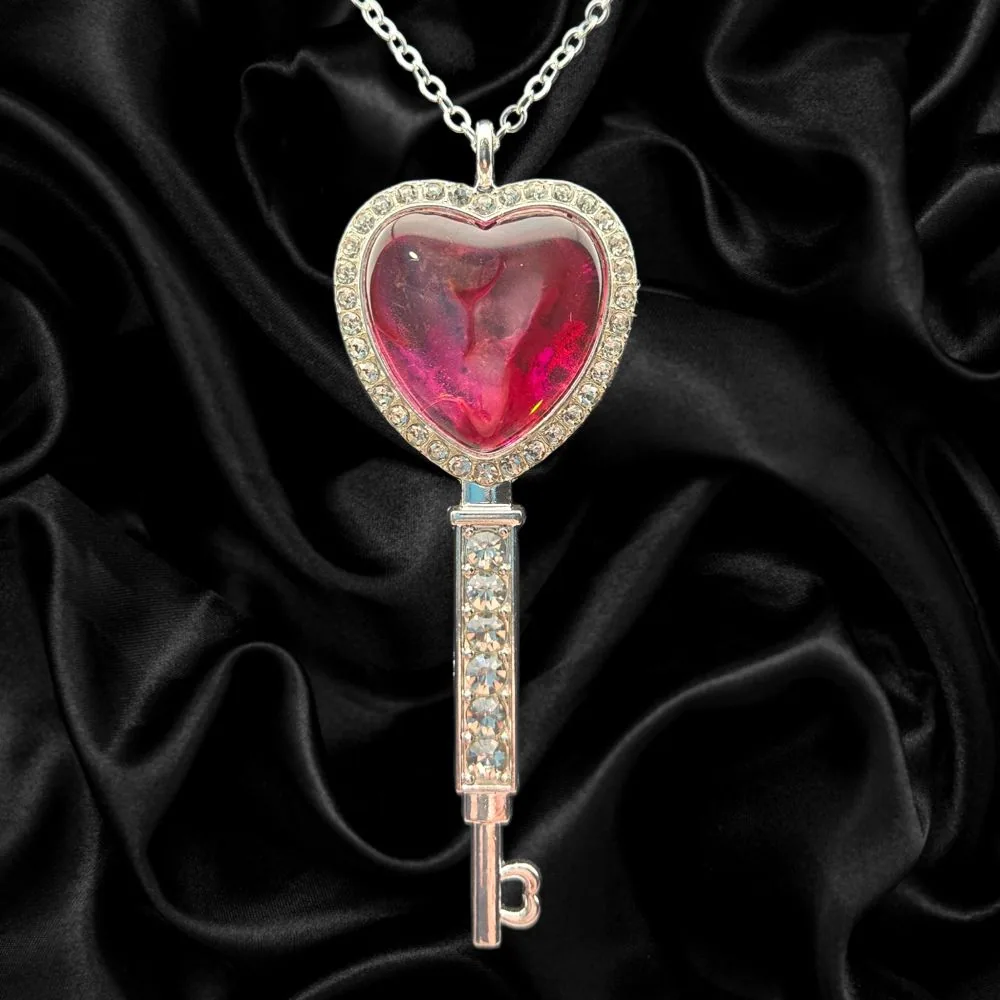 Silver Heart Key Necklace – Red Abstract handmade fluid art by Fuzzy Trio Design in Phoenix, AZ