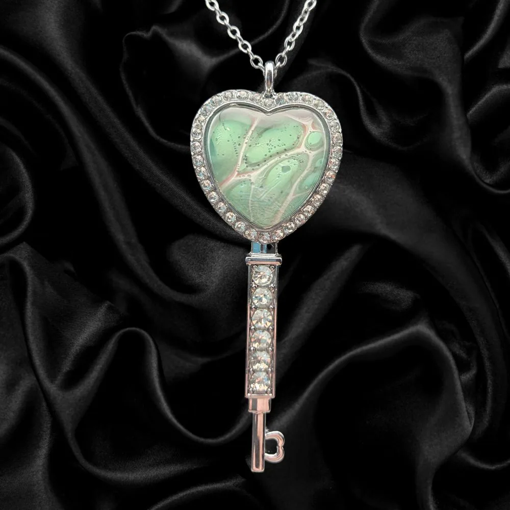 Silver Heart Key Necklace – Soft Green Abstract handmade fluid art by Fuzzy Trio Design in Phoenix, AZ
