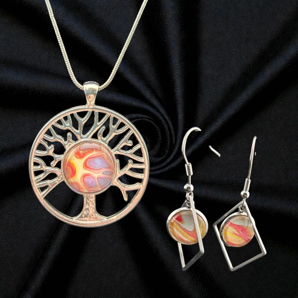 Silver Tree of Life Necklace & Earring Set – Warm Abstract handmade fluid art by Fuzzy Trio Design in Phoenix, AZ