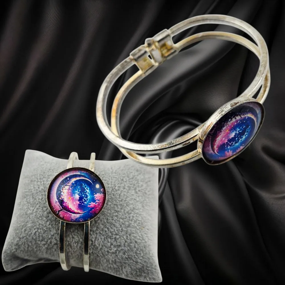Silvery Bangle Blue Pink Crescent Moon – Handmade handmade fluid art by Fuzzy Trio Design in Phoenix, AZ