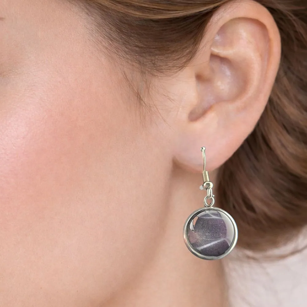 Smoky Violet Glass Hanging Earrings – 12mm detail view 1 by Fuzzy Trio Design in Phoenix, AZ