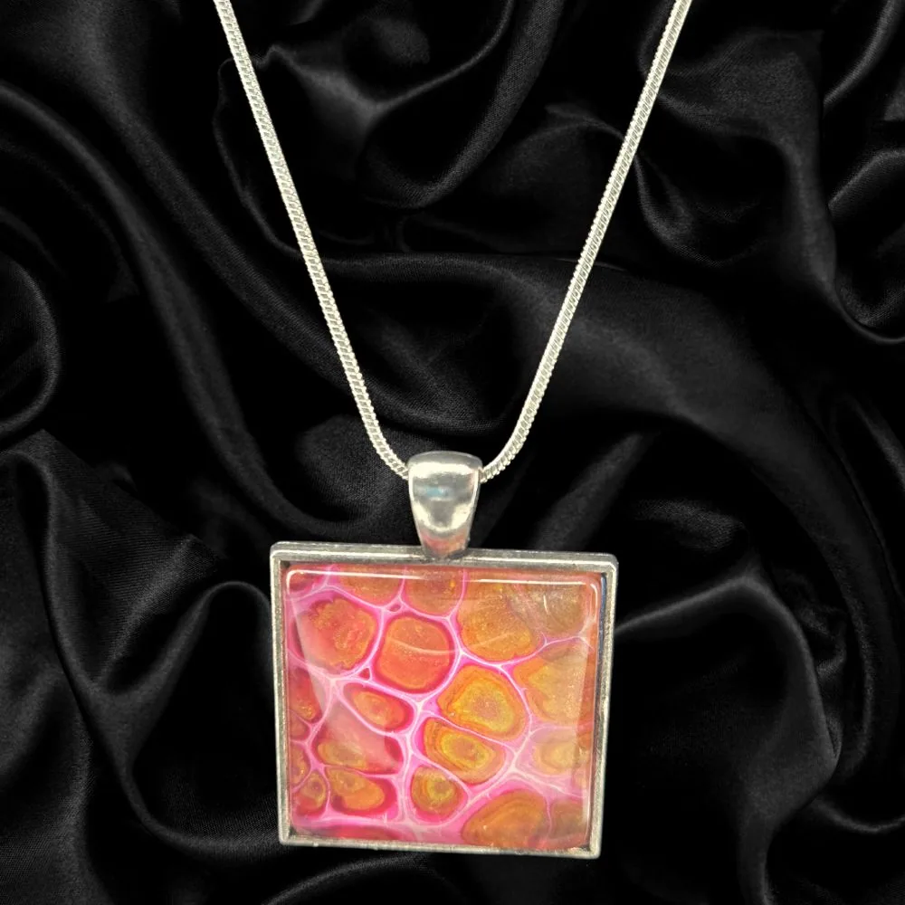 Solar Petal Square Necklace – Silver Toned handmade fluid art by Fuzzy Trio Design in Phoenix, AZ